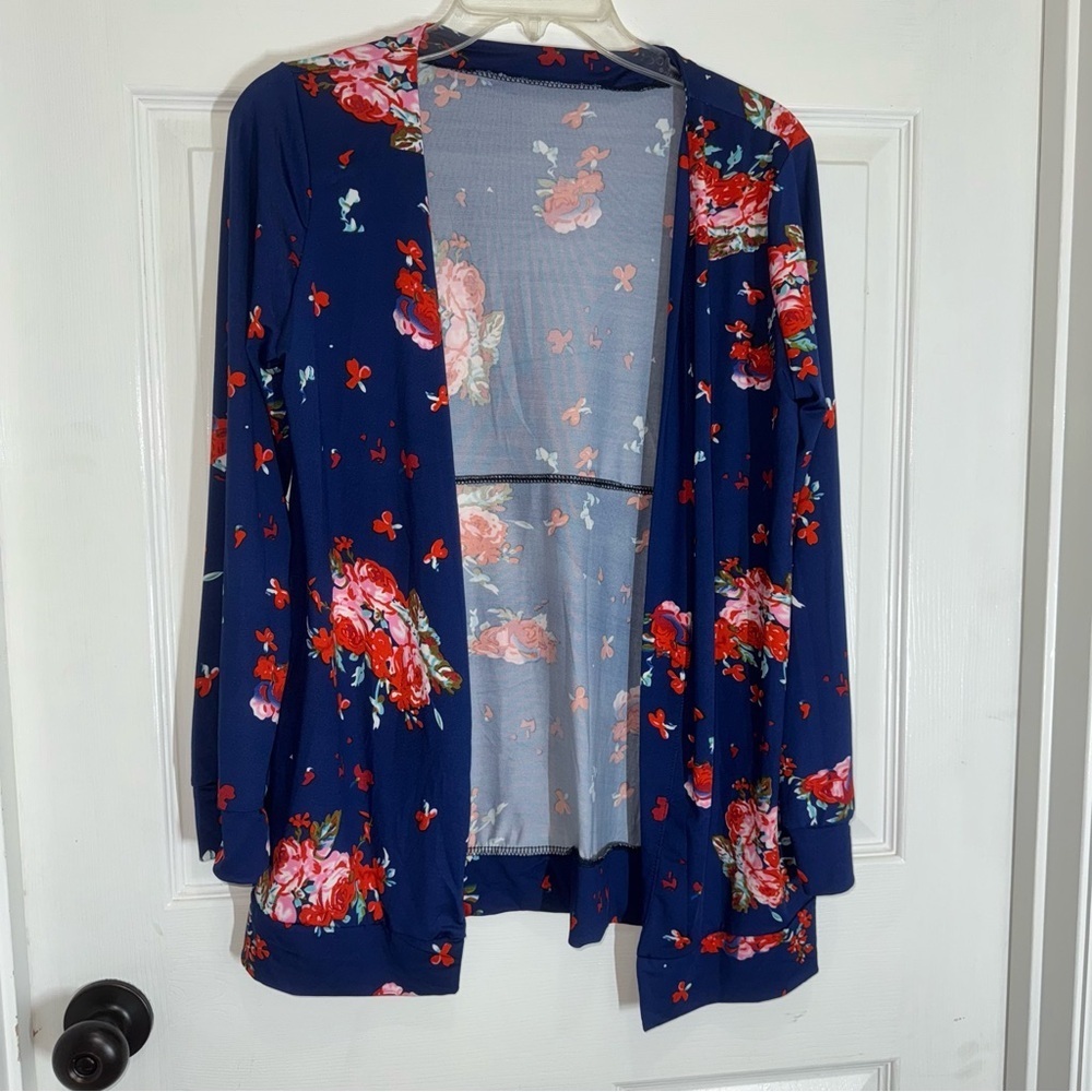Navy Blue Floral Open Front Long Sleeve Cardigan - Picture 2 of 14